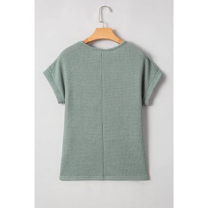 Mist Green Lace Patchwork Waffle Short Sleeve Top