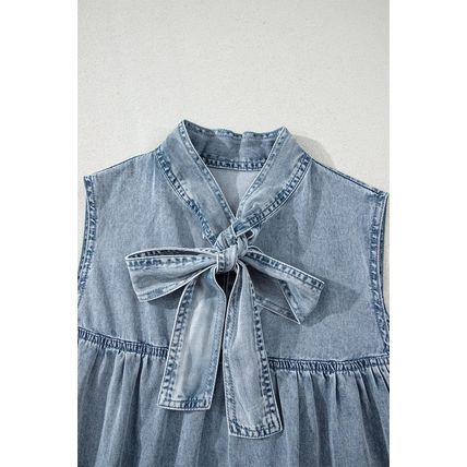 Real Teal Bowknot Neck Sleeveless Ruffled Chambray Dress