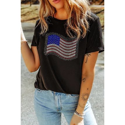 Black Rhinestone American Flag Casual Round Neck Tee