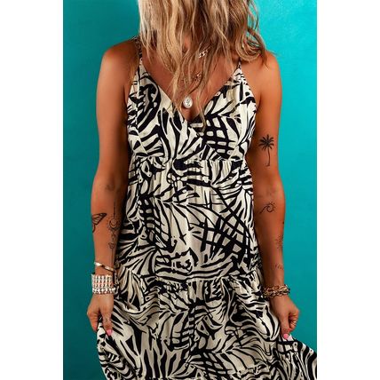 Khaki Tropical Palm Print Wrapped V Neck Spaghetti Straps Tiered Dress