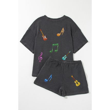 Carbon Grey Twisted Rib Texture Guitar Music Note Patched 2pcs Short Set