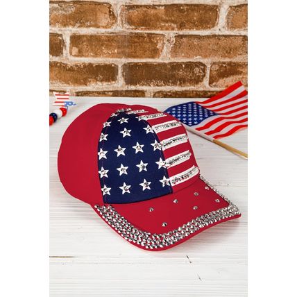 Fiery Red American Flag Rhinestone Decor Baseball Cap