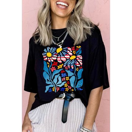 Black USA Flag Flower Graphic Drop Shoulder T Shirt
