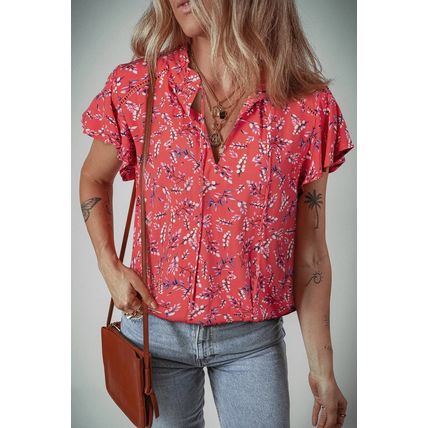 Red Floral Tie Split Neck Short Flounce Sleeve Crinkled Blouse