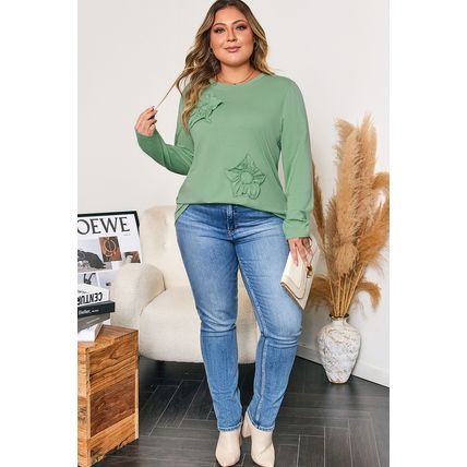 Grass Green Flower Applique Mineral Wash Plus Size Top