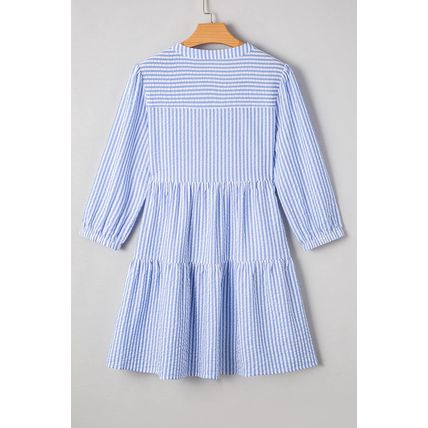 Sky Blue Stripe Bracelet Sleeve Tiered Shift Dress with Pockets