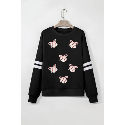 Black Bow Baseball Sequin Patched Oversized Varsity Sweatshirt