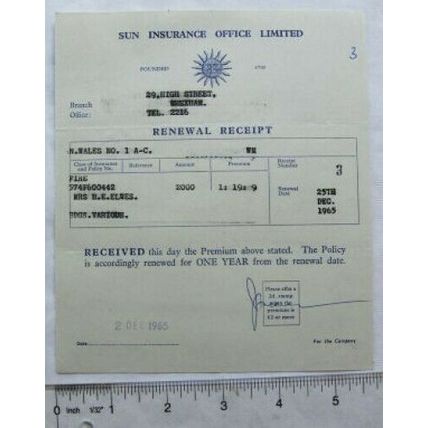 1965 renewal receipt Sun Insurance, Wrexham fire policy Elwes, Barton St. David