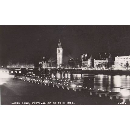 Festival Of Britain Big Ben North Bank Thames River at Night Real Photo Postcard