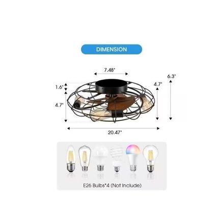 Antoine 20" 4-Lt Indoor Black Wood Grain Metal Cage Fan w/ Light & Remote