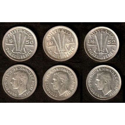 Australia Three Pence 1950 1951 1952 Used Coins 3 x 3d Wheatsheaf GEO VI
