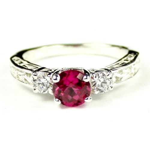 Created Ruby w/ Two 4mm CZ Accents, 925 Sterling Silver Engagement Ring, SR254