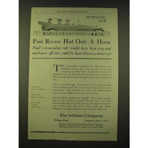 1918 Winton Six Ad - Paul Revere had only a horse