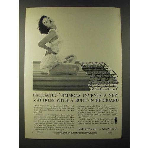 1960 Simmons Back Care Mattress Ad - Backache? Simmons invents a new mattress