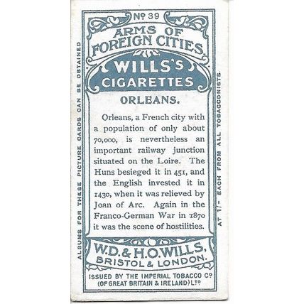 Arms of Foreign Cities 1912 Wills's Cigarette Card 39 - Orleans