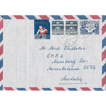 Denmark 1979 to Australia with A Bourneville & Christmas stamps