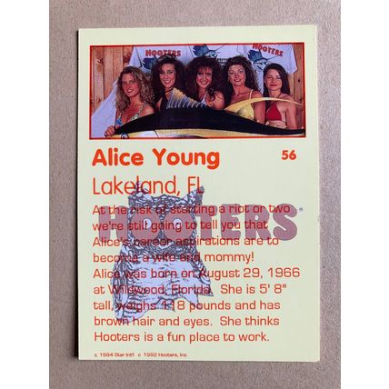 Hooters Calendar Girls 1994 Base trading card # 56 Alice Young (A)