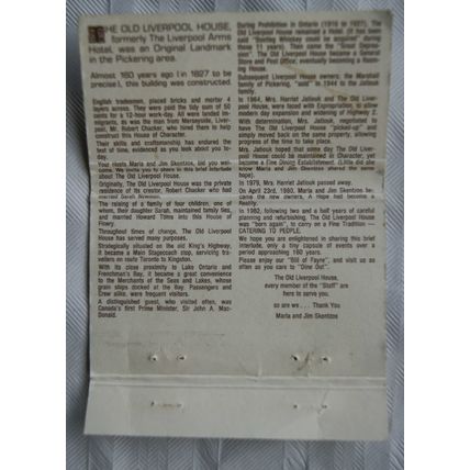 Matchbook Cover The Old Liverpool House, Pickering, Ontario