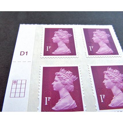 GB 2011 Machin SGU3055 1p Crimson 2B Block of 4 Cylinder Margin No Overprint MNH
