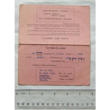 1959 payment card Godwin, Stoke on Trent - F. Guy, Porthill & Alsager