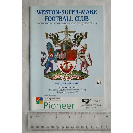 1997 programme Weston-super-Mare FC v. Gloucester City, Dr. Martens Cup