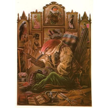 Antique Spectactles on Beak The Tailor Embroidery Bird Making Clothes Postcard