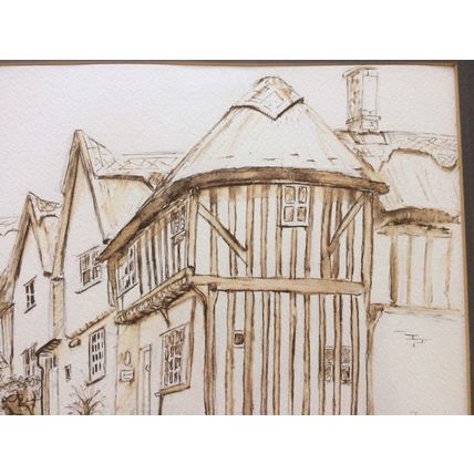 Kersey Cottages Original Pen & Watercolour Painting By Jean G. Mounted & Framed