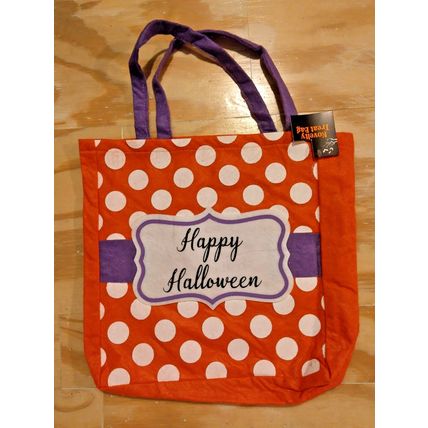 New w/Tag Happy Halloween Felt 12x12 White Polka Dot Orange Trick Or Treat Bag