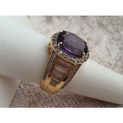 Lusaka Amethyst & White Topaz Oval Halo RING Sz O½ 14k Gold Overlay 925 Silver