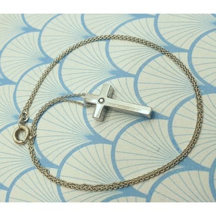 Vintage 925 Sterling Silver and Genuine Diamond Small Cross Pendant Necklace