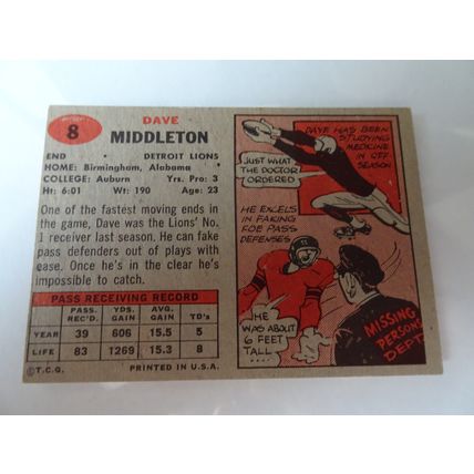 1957 Topps Football Card # 008 Dave Middleton Very Good (3) Detroit Lions