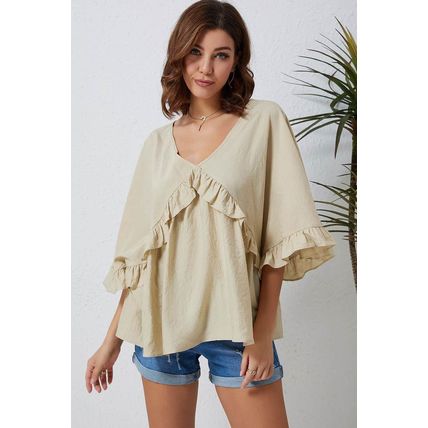 Apricot V Neck Draped Batwing Sleeve Ruffle Top