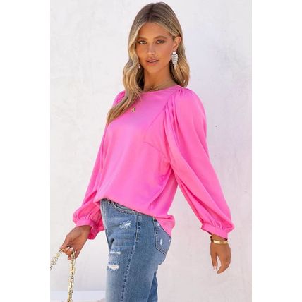Pink Satin Puff Long Sleeve Crewneck Blouse