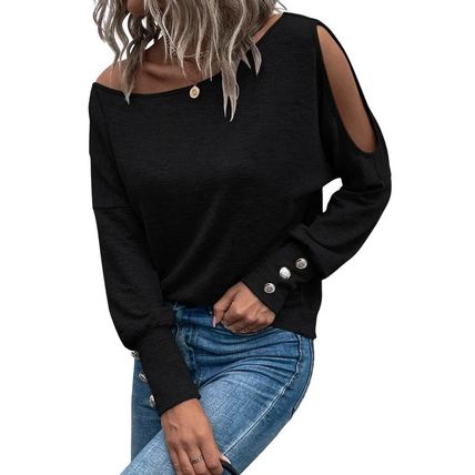 Black Asymmetrical Cut Out Buttoned Long Sleeve Top