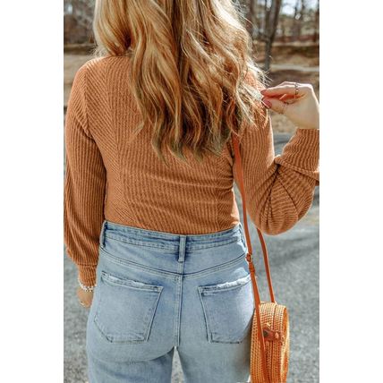 Brown Plus Size Ribbed Slim Fit Knit Top