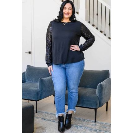 Black Sequin Contrast Long Sleeve Plus Size Top