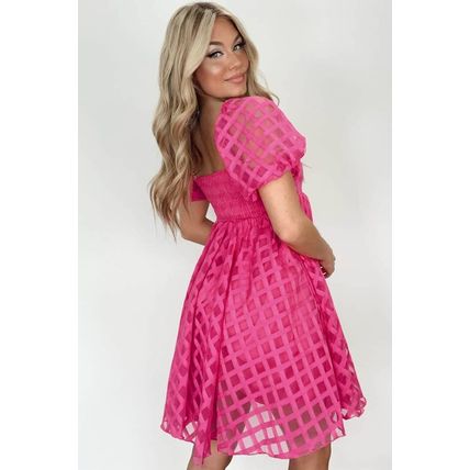 Strawberry Pink Checkered Puff Sleeve Babydoll Dress