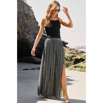 Black Printed Striped Printed Slit Wide Leg High Waist Pants