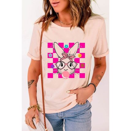 Pink Easter Rabbit Checkered Flower Print O-neck T Shirt