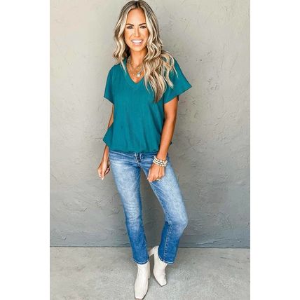 Blue Sapphire Crinkled V Neck Wide Sleeve T-shirt