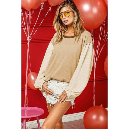 Smoke Gray Textured Patchwork Crew Neck Puff Sleeves Blouse