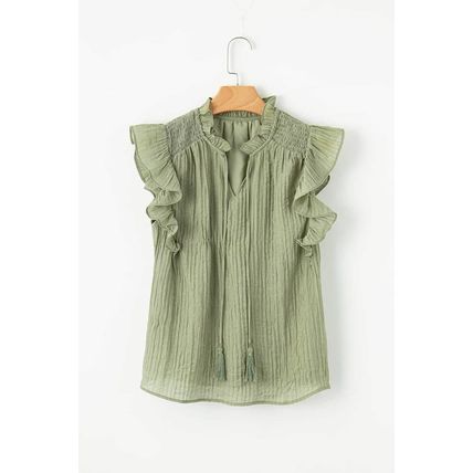 Meadow Mist Green V Neck Flutter Sleeve Textured Blouse