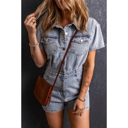Light Blue Vintage Washed Buttons Pocketed Denim Romper