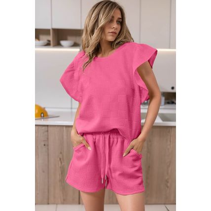 Bonbon Textured Ruffled Sleeve Tee and Drawstring Shorts Set