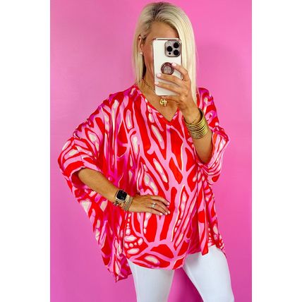 Red Abstract Print V Neck Batwing Sleeve Oversized Blouse