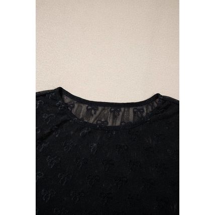 Black Mesh Bow Pattern Long Sleeve Top