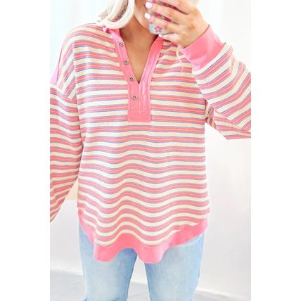 Pink Stripe Buttoned V Neck Collared Drop Shoulder Top