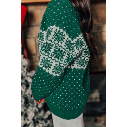 Green Christmas Snowflake Dotted Print Round Neck Sweater