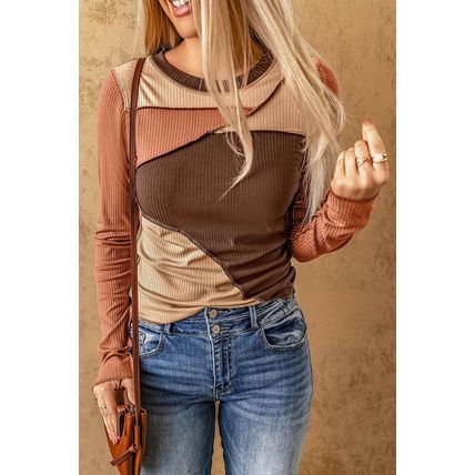 Brown Expose Seam Color Block Ribbed Knit Top