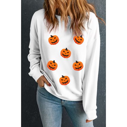 White Pumpkin Face Patched Pattern Halloween Crew Neck Sweatshirt